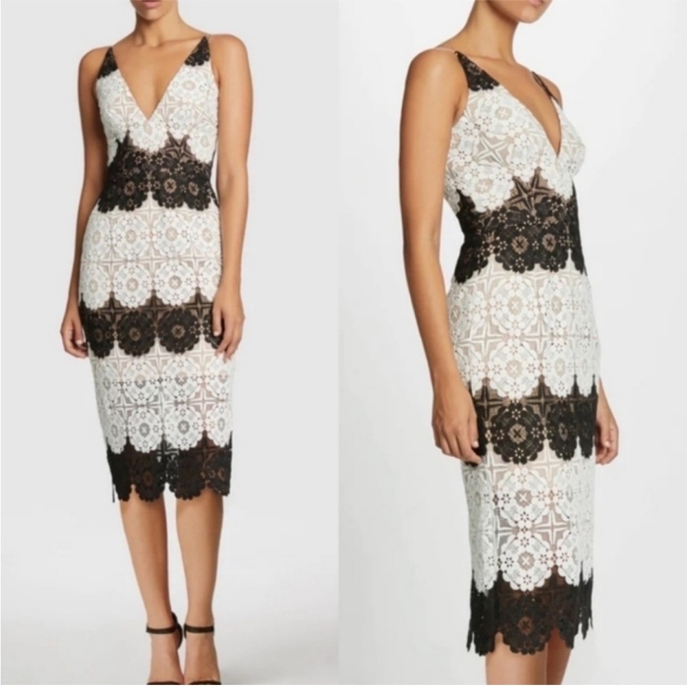 New! Dress the Population Vera lace v-neck midi dress black white 36104